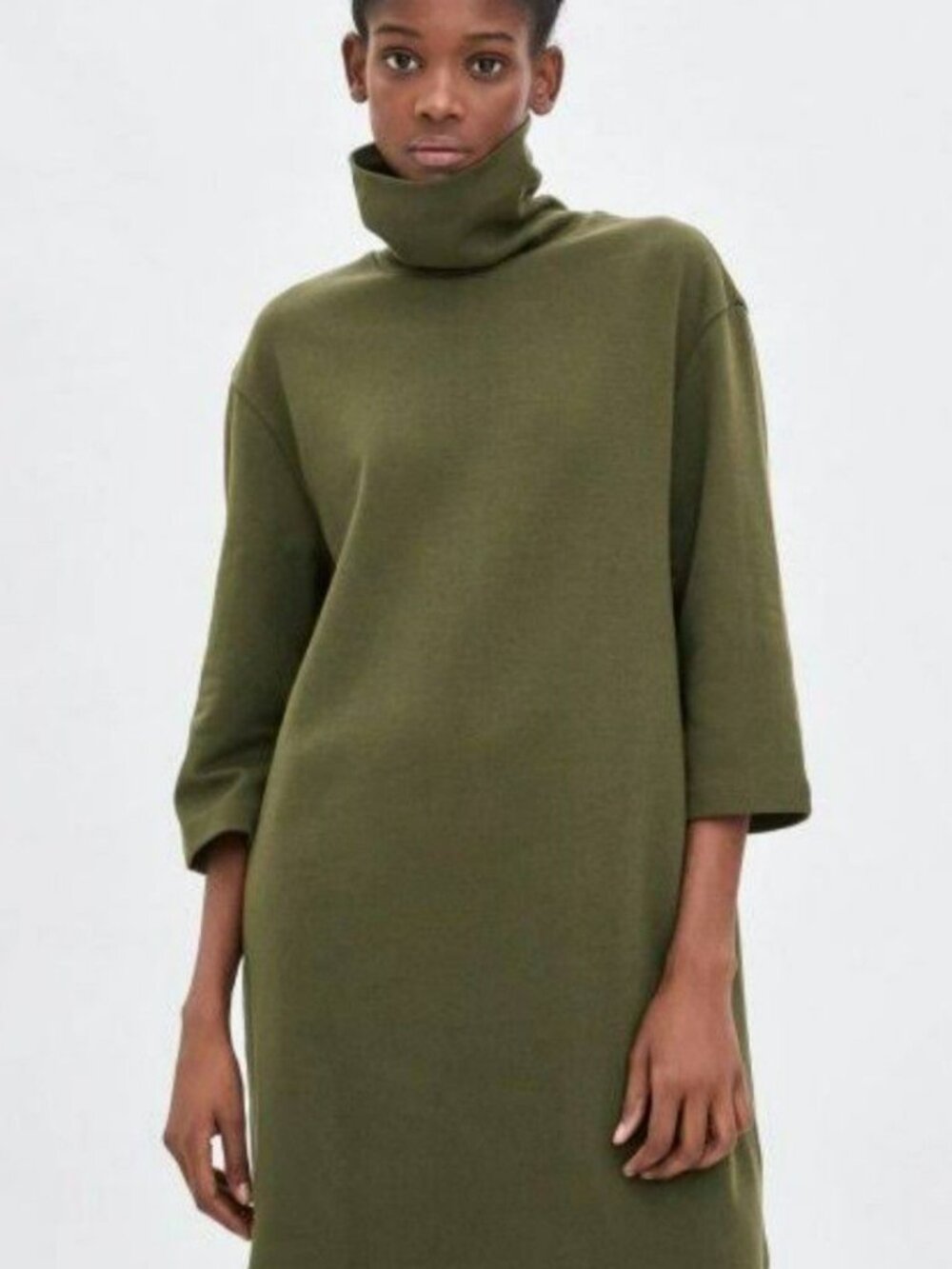 ZARA Trafaluc Olive Green Turtleneck 3/4 Sleeve Oversized Sweatshirt Dress M